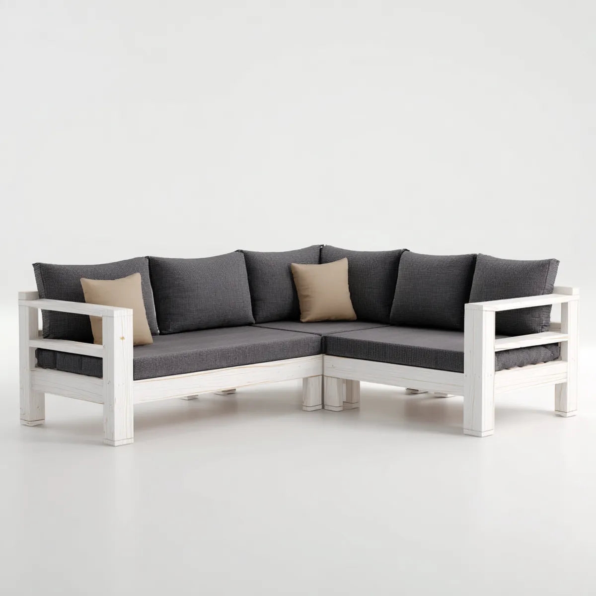 Sofa ogrodowa, 2-częściowy taras narożna sofa biały antracyt z poduszką z litego drewna sosnowego kształt litery 220 x 220 x 85 cm
