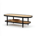 Stolik kawowy, Czarny i naturalny owalny stolik do kawy 120 x 60 x 45 cm w litym drewnie i rattanie