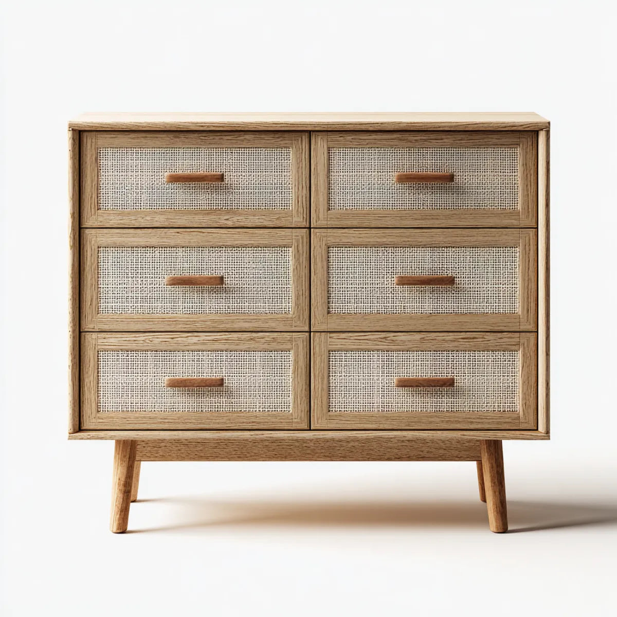 Komoda, Kommode 6 szuflady beżowe i dębowe 120 x 40 x 100 cm w dębie płaskim MDF i prostokątnym rattanie plecionym
