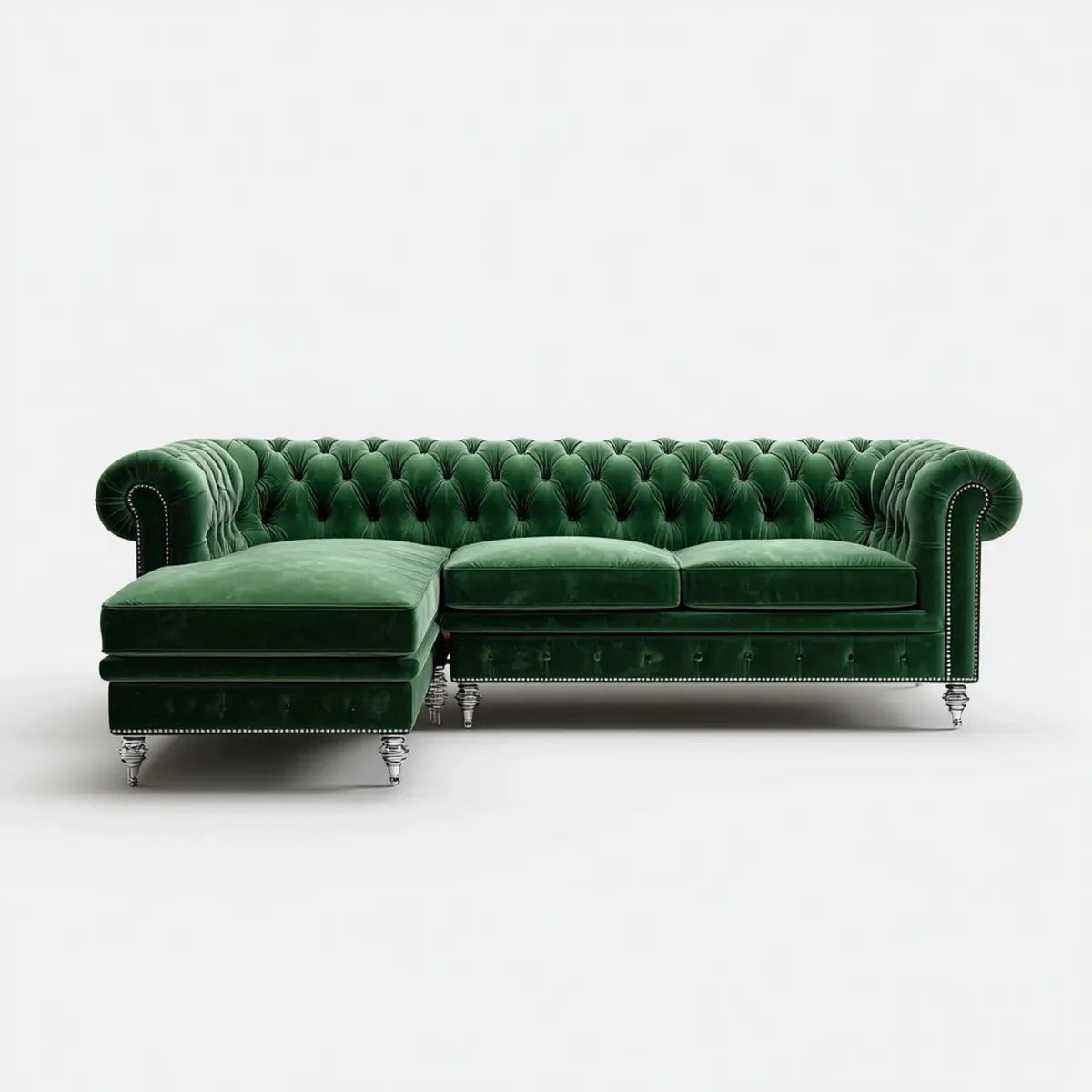 Sofa, Chesterfield narożna sofa z ottomanem w kolorze zielonym 275 x 165 x 78 cm poliestrowy aksamit w kształcie L